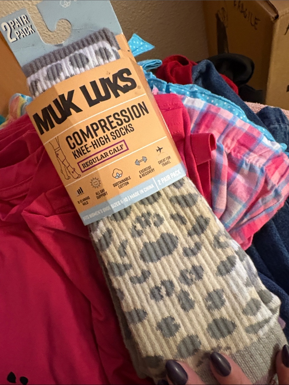Muk Luks Knee-High Compression Socks in Gray and Cream Leopard